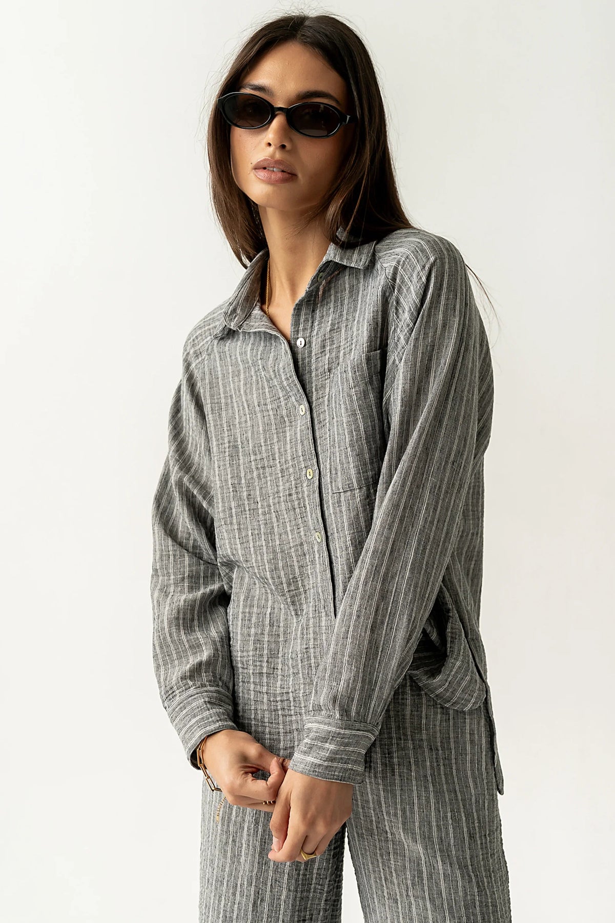 Conner Striped Button Down Top in Black