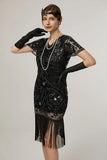 Black Sheath Fringed Midi V Neck 1920s Dress with Sequins
