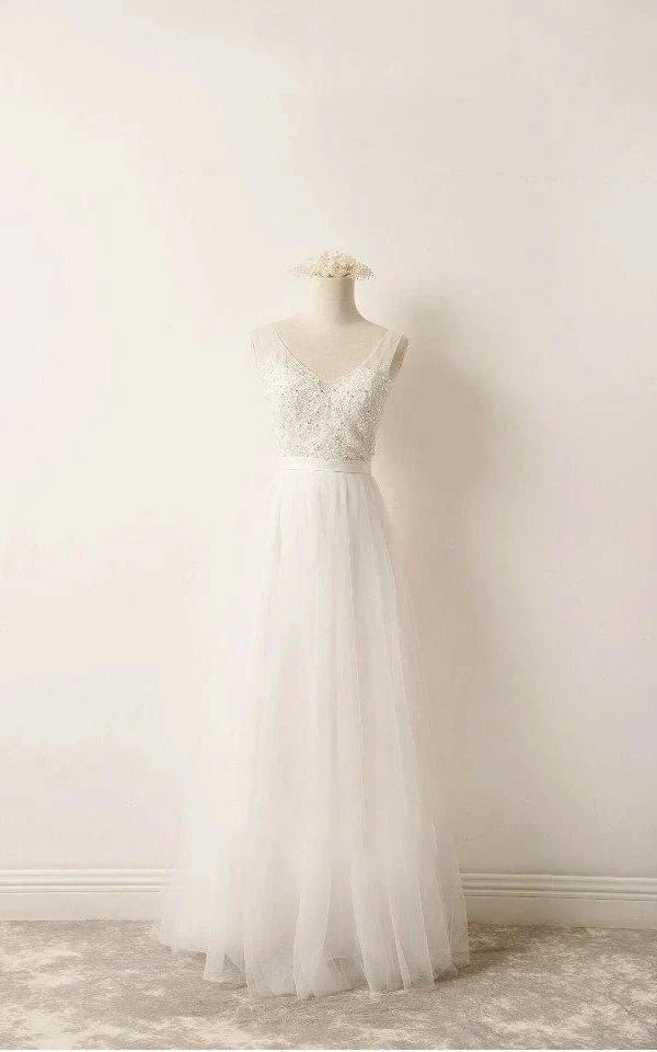 A Line Tulle Lace V Neck Wedding Dress With Sweep Train