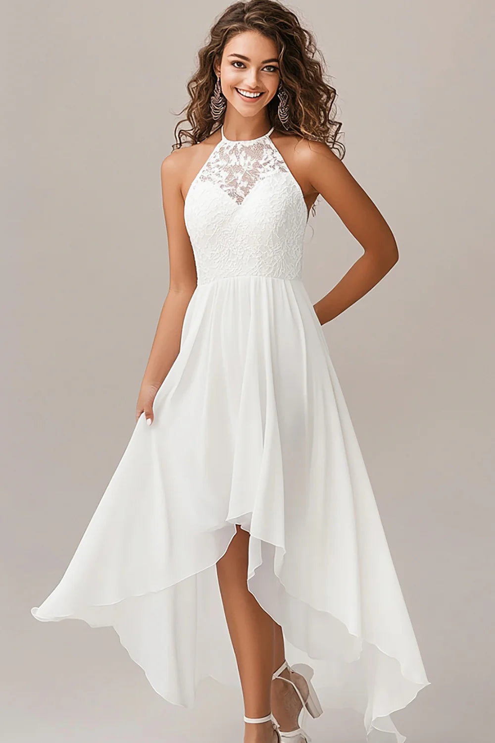 High Low White A Line Halter Wedding Dress With Lace