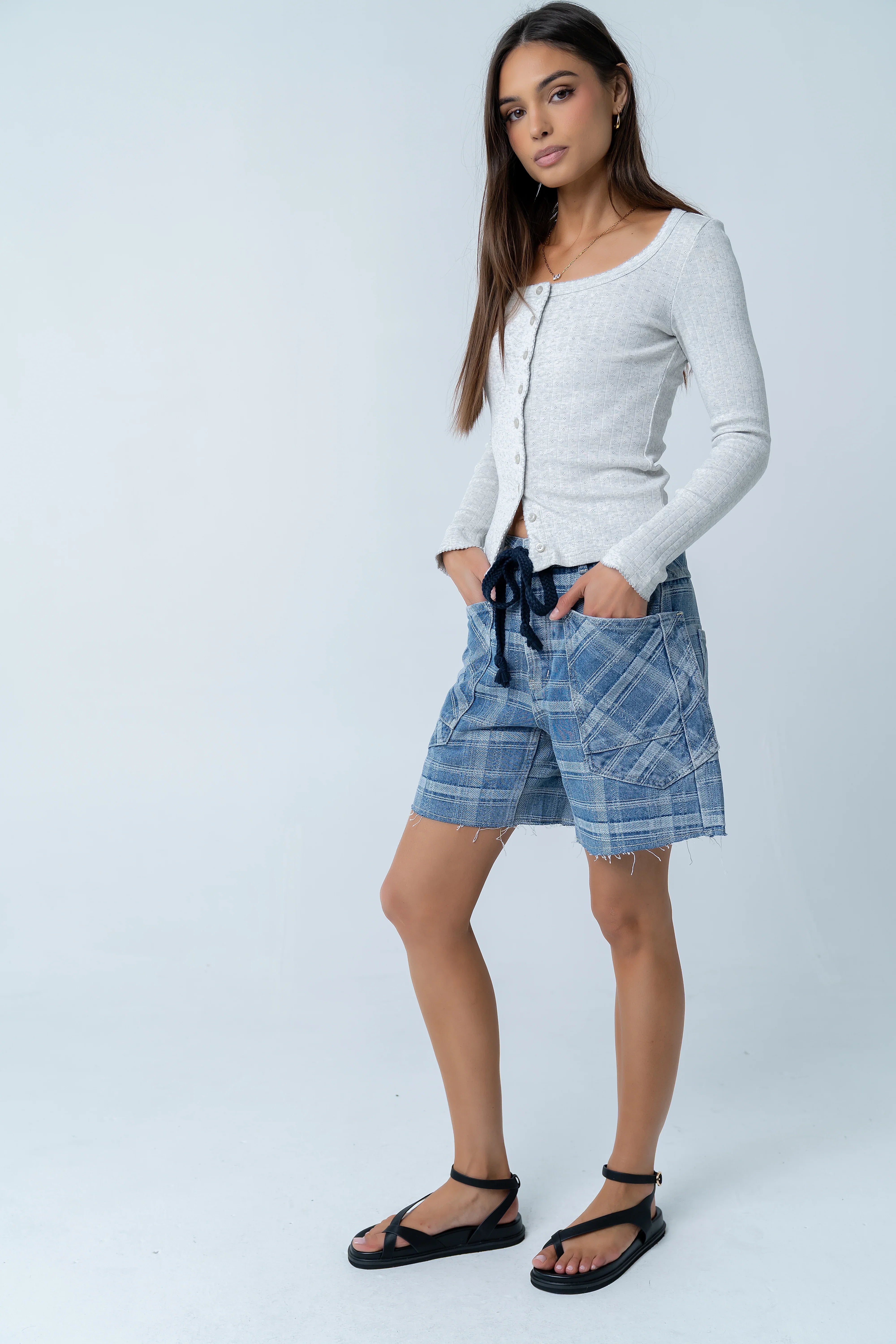 Roselyn Plaid Denim Shorts