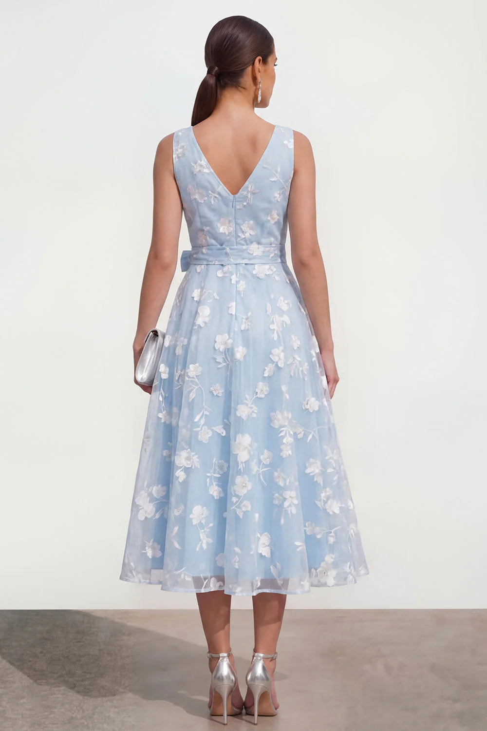 Blue Floral A Line Midi Wedding Guest Dress with Bow