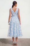 Blue Floral A Line Midi Wedding Guest Dress with Bow