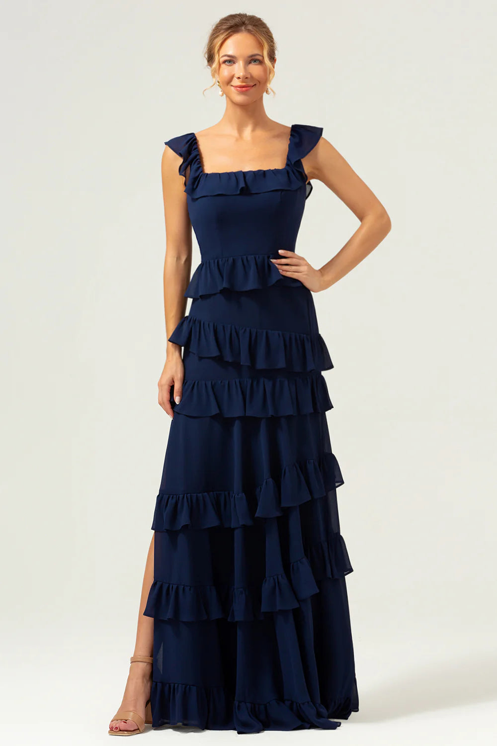 Dark Navy A Line Square Neck Tiered Long Chiffon Bridesmaid Dress with Ruffles