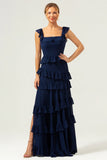 Dark Navy A Line Square Neck Tiered Long Chiffon Bridesmaid Dress with Ruffles