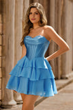 Blue Corset A Line Tiered Strapless Short Homecoming Dress