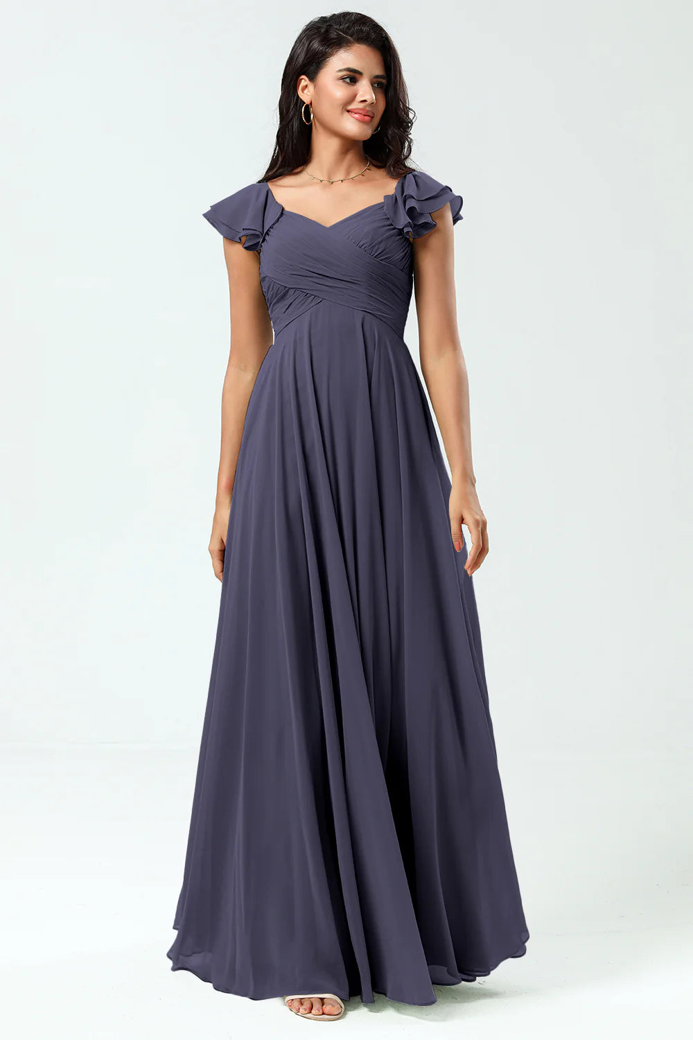 Lace Up Back Cross A Line Chiffon Bridesmaid Dress with Ruffles