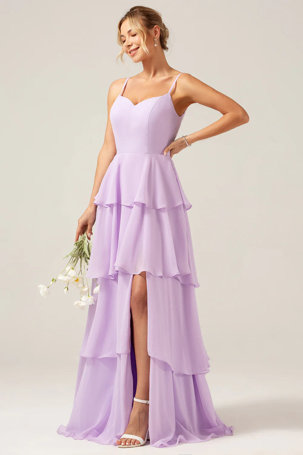 A Line Spaghetti Straps Tiered Floor Length Lilac Bridesmaid Dress With Slit