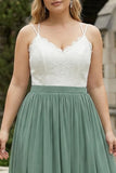 Eucalyptus Plus Size A Line Spaghetti Straps Pleated Long Bridesmaid Dress With Lace