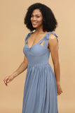 Grey Blue A Line Floor Length Chiffon Bridesmaid Dress with Slit