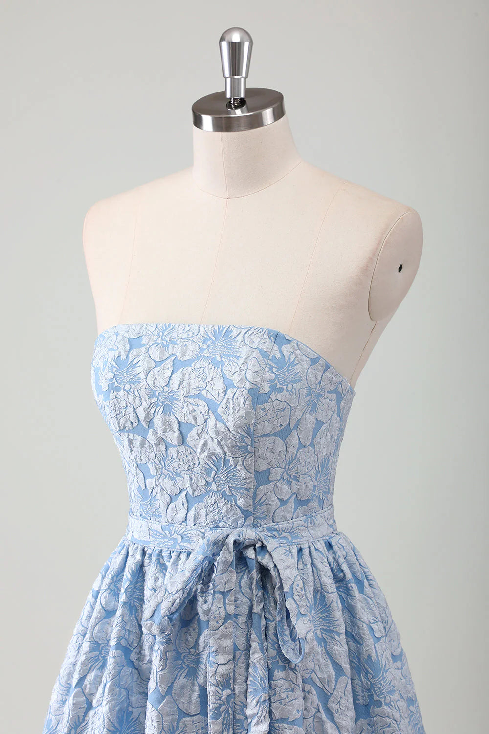 Blue A Line Strapless Ruffled Maxi Dress with Belt