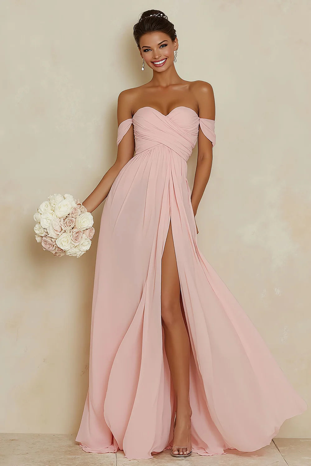 Off the Shoulder A Line Chiffon Blush Pink Bridesamid Dress with Slit