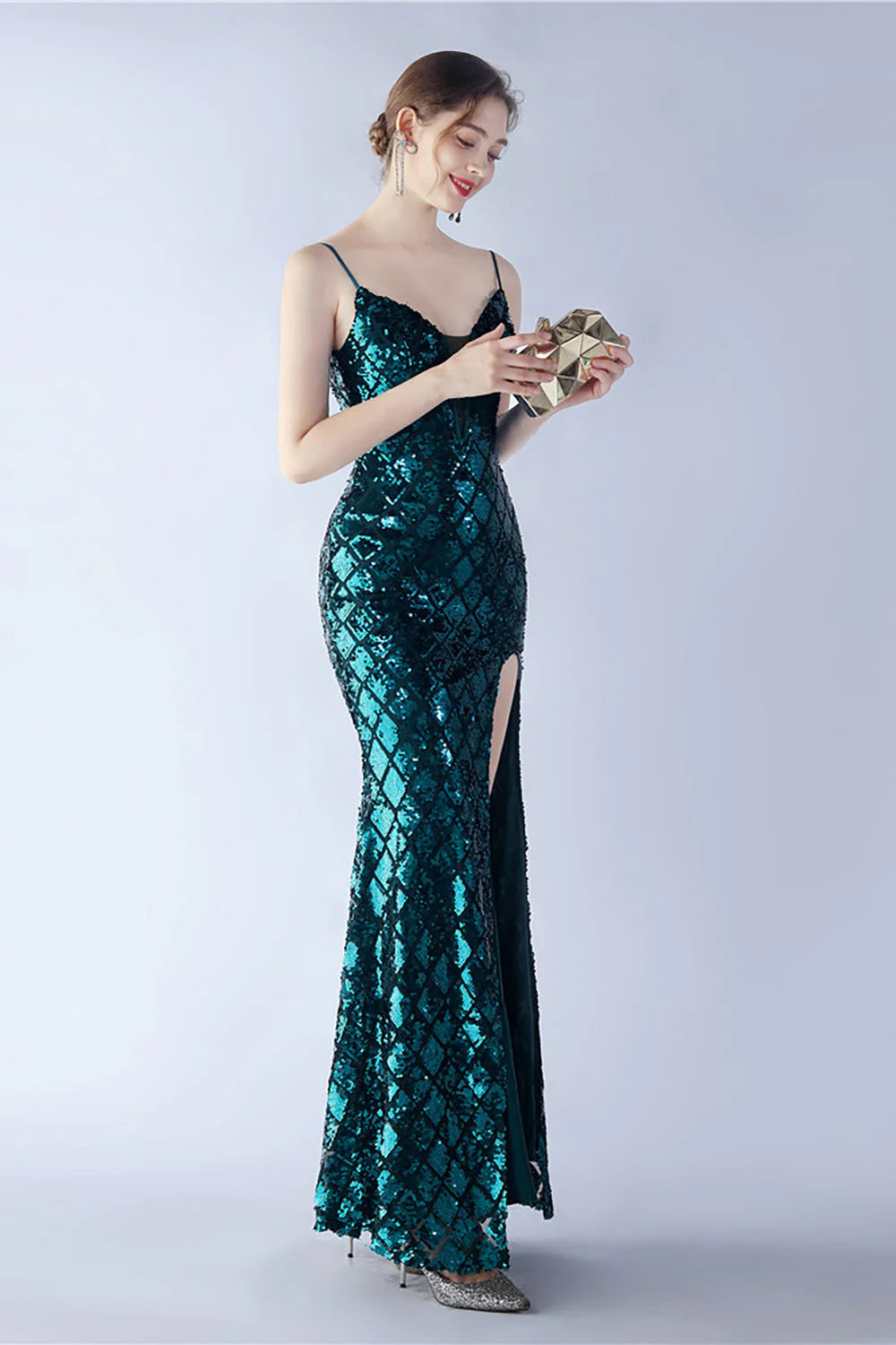 Burgundy Sheath Spaghetti Straps V neck Sequin Formal Dress with Slit