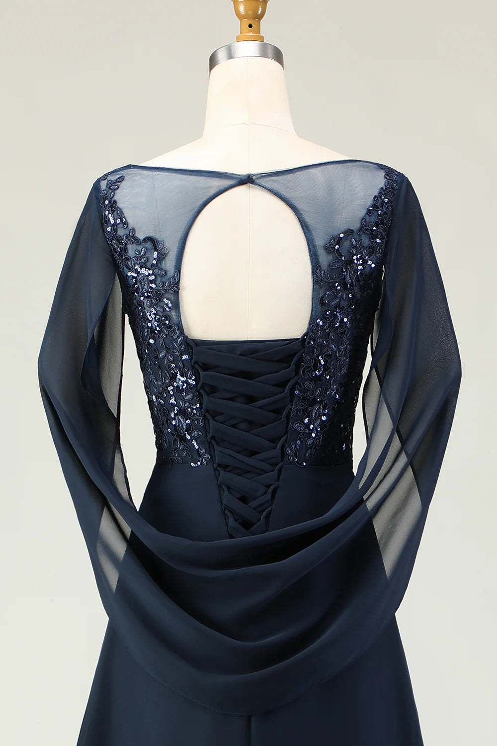 Navy Sequin A Line Round Neck Long Mother of the Bride Dress with Sheer Sleeves