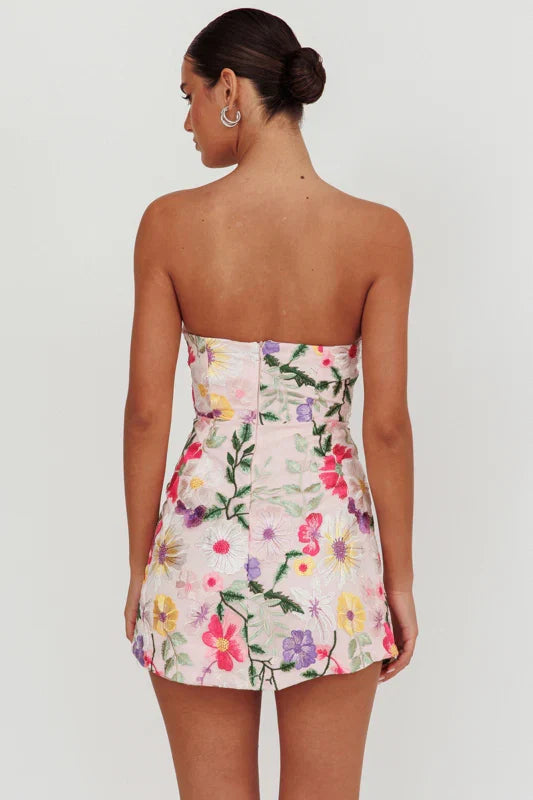 Gardenia Mini Dress Strapless Floral Embroidered Mini