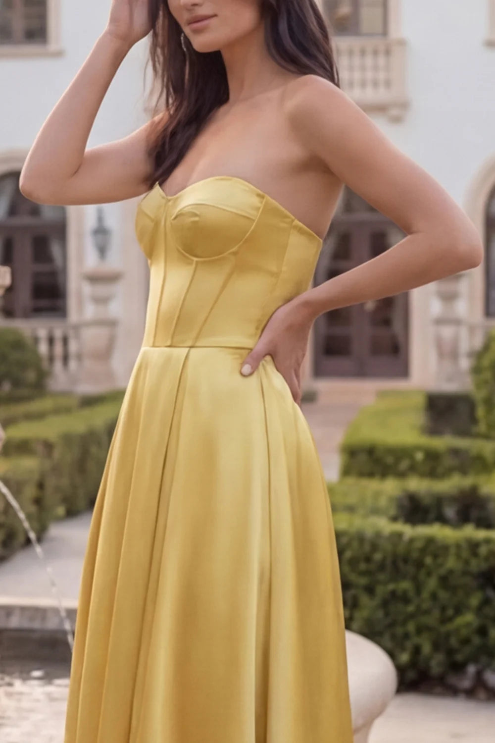 Golden Strapless A Line Corset Satin Midi Wedding Guest Dress