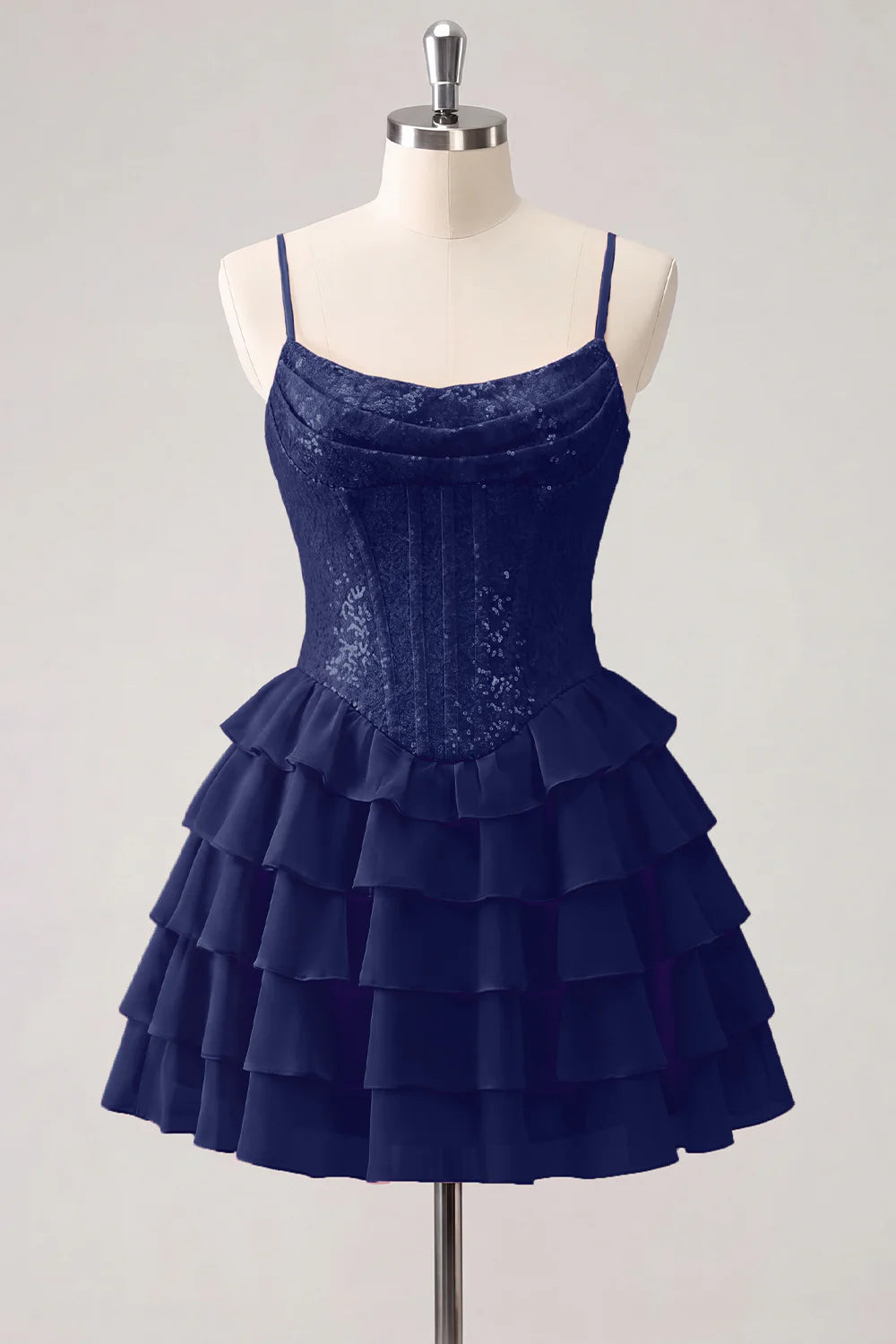 Champagne A Line Sequin Tiered Ruffle Short Homecoming Dress