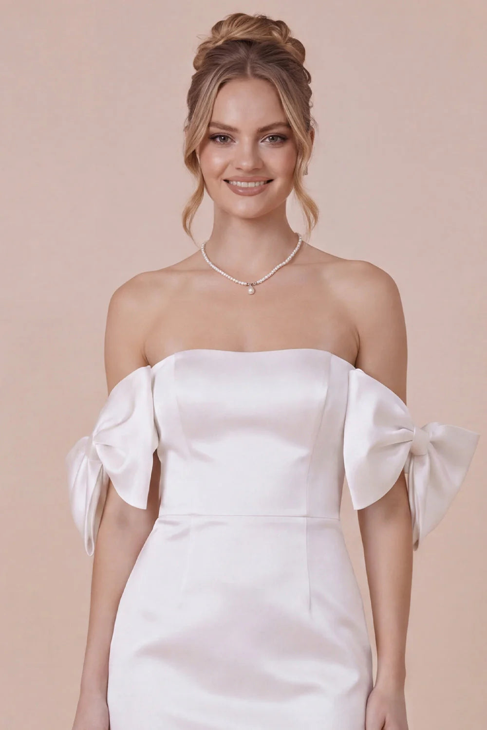 Satin Bodycon Off the Shoulder White Graduation Dress with Bows