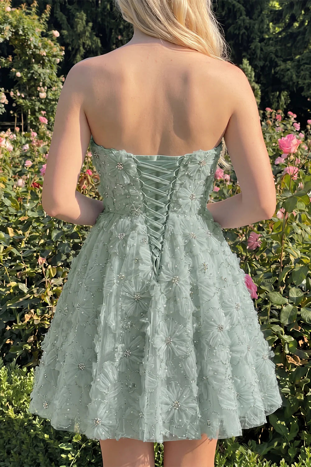 Sage Beaded Strapless A Line Short Homecoming Dress