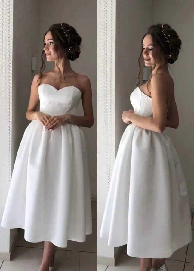 Short Satin Sweetheart Tea length Bridal Dress for Casual Wedding