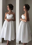 Short Satin Sweetheart Tea length Bridal Dress for Casual Wedding
