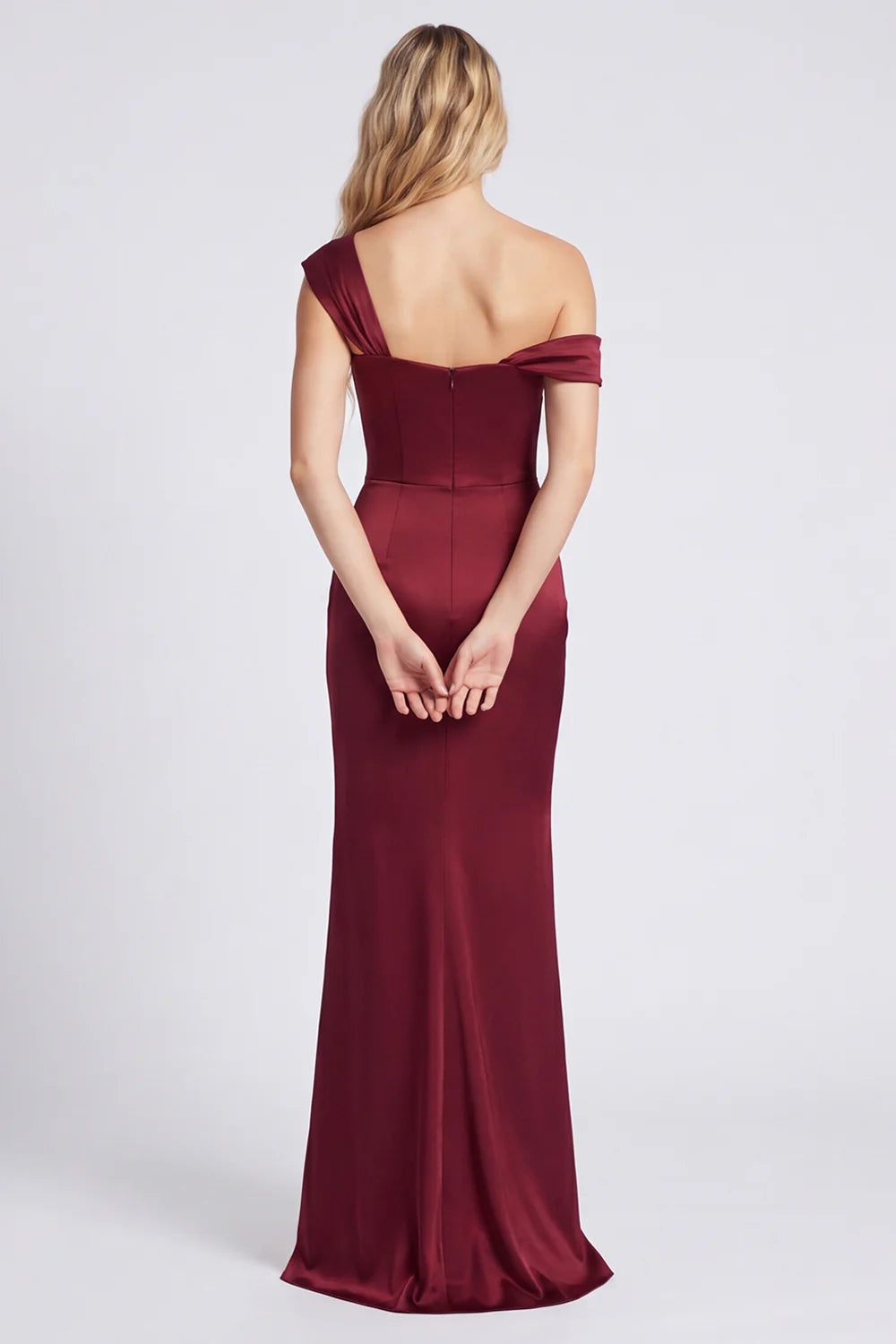 Off the Shoulder Mermaid Satin Burgundy Bridesmaid Dress with Slit