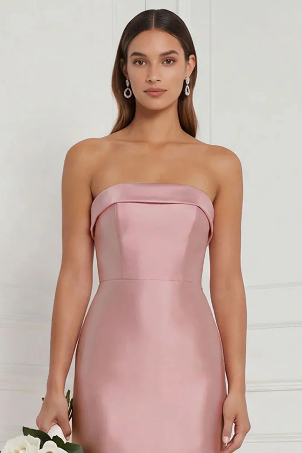 Strapless Mermaid Dusty Rose Satin Long Bridesmaid Dress