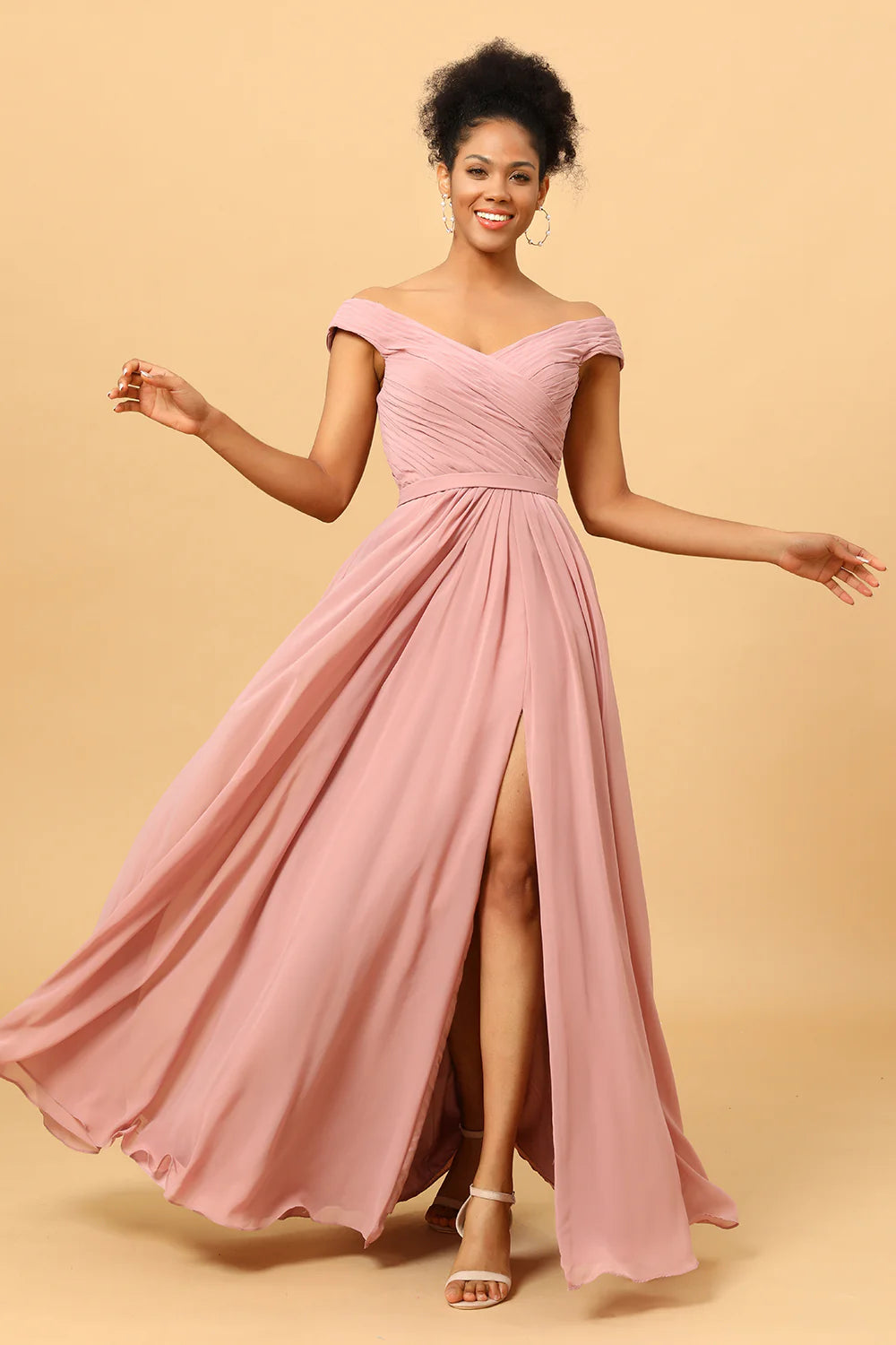 Dusty Rose Ruched Long Chiffon Bridesmaid Dress with Slit