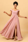 Dusty Rose Ruched Long Chiffon Bridesmaid Dress with Slit