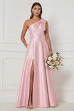 One Shoulder A Line Satin Pink Bridesmaid Dress with Slit