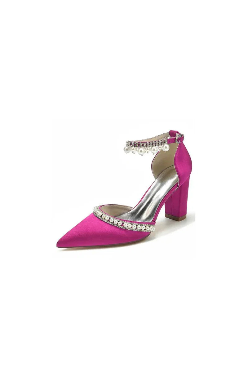 Womens Wedding Shoes Satin Block Heel Pearl Rhinestone Tassel Wedding Shoes