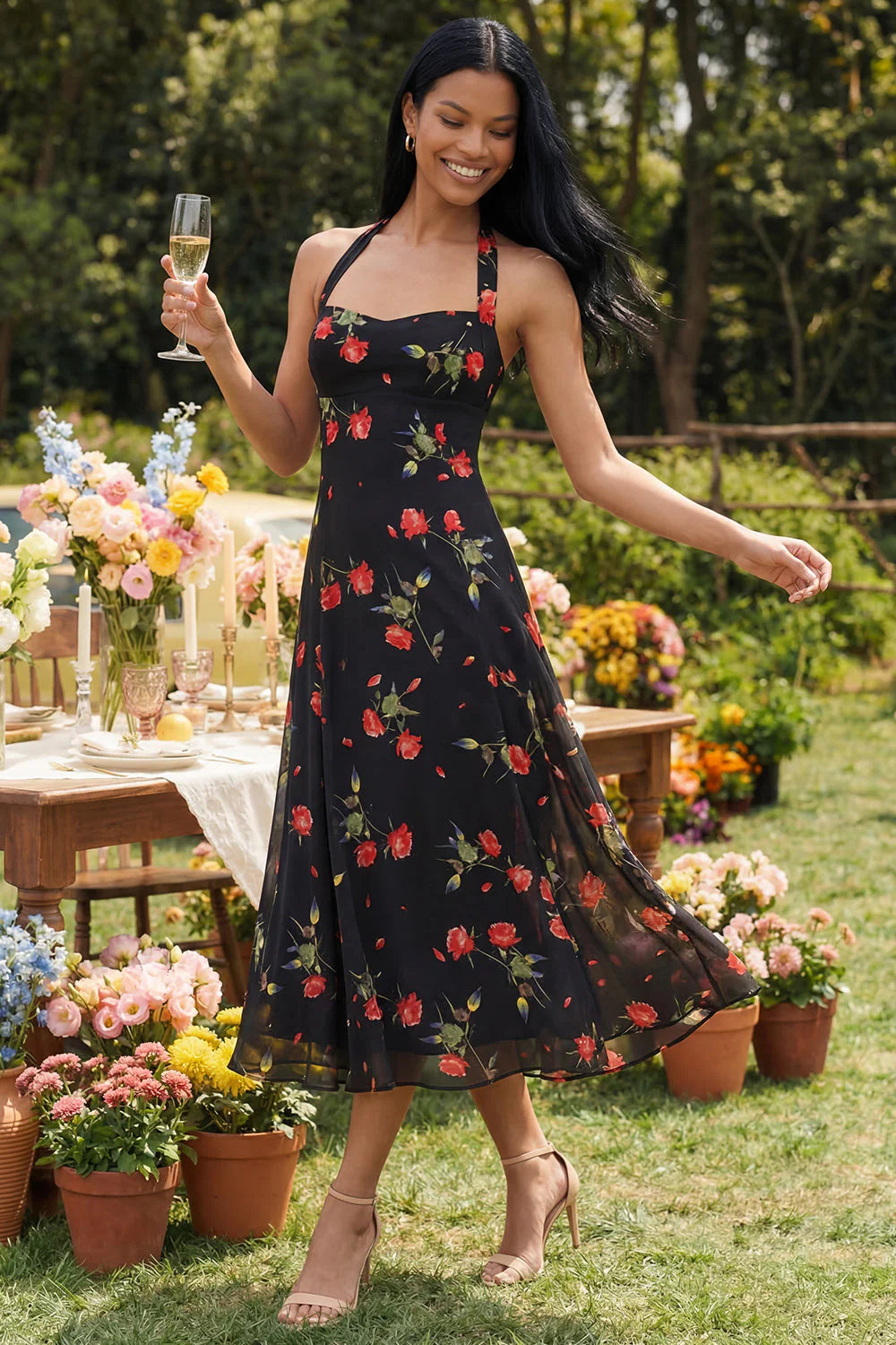 Black Halter Floral A Line Midi Wedding Guest Dress