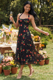 Black Halter Floral A Line Midi Wedding Guest Dress