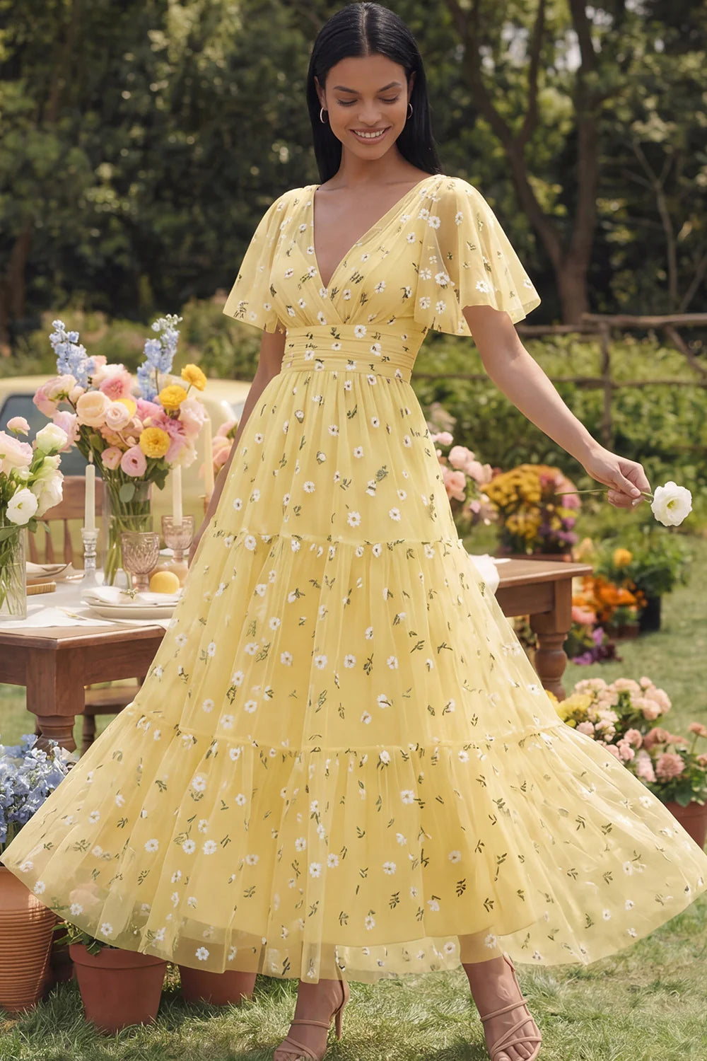 Floral Champagne A Line Wedding Guest Dress with Short Sleeves
