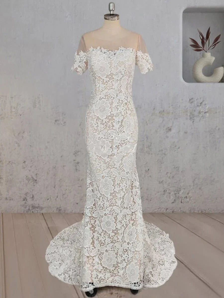 Mermaid Scoop Illusion Neck Floral Wedding Dress