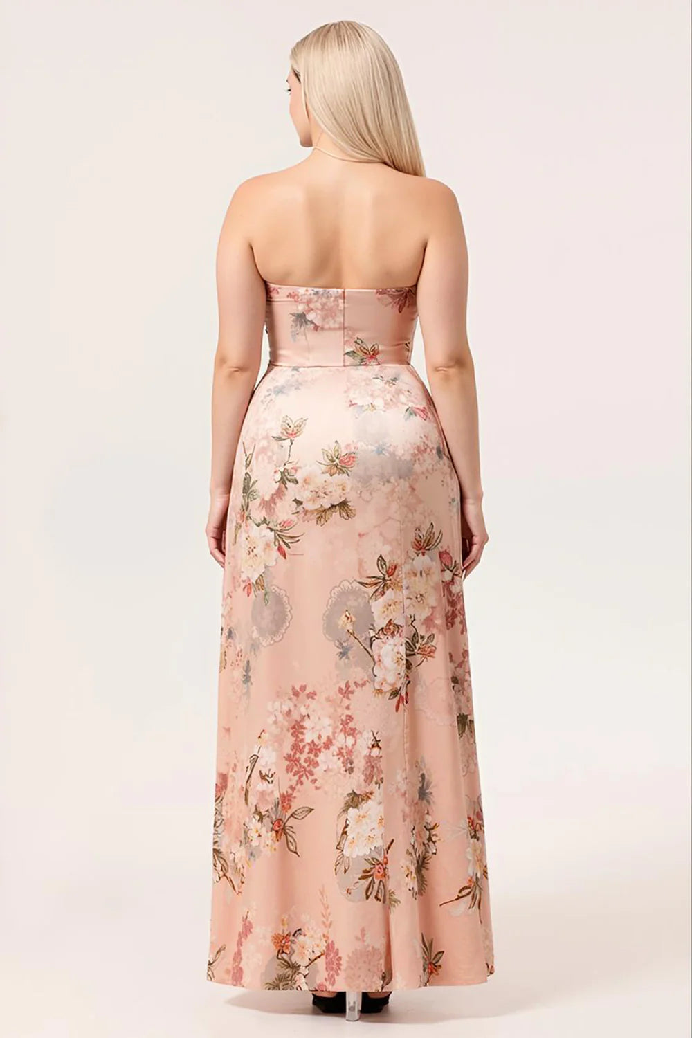 Blush Sheath Strapless Print Satin Long Floral Plus Size Bridesmaid Dress with Slit