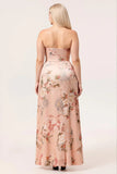 Blush Sheath Strapless Print Satin Long Floral Plus Size Bridesmaid Dress with Slit