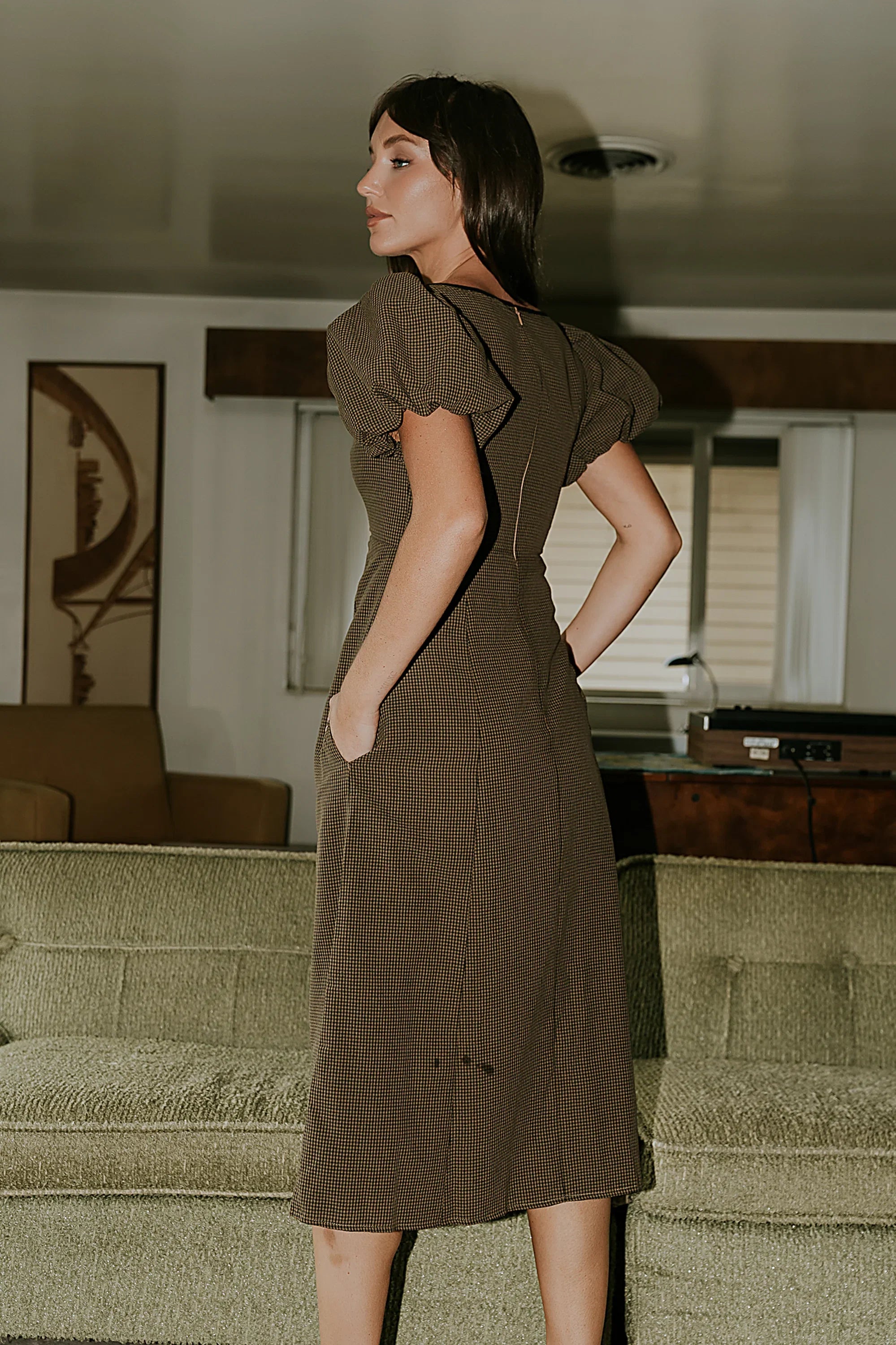 Elle Gingham Midi Dress in Brown FINAL SALE