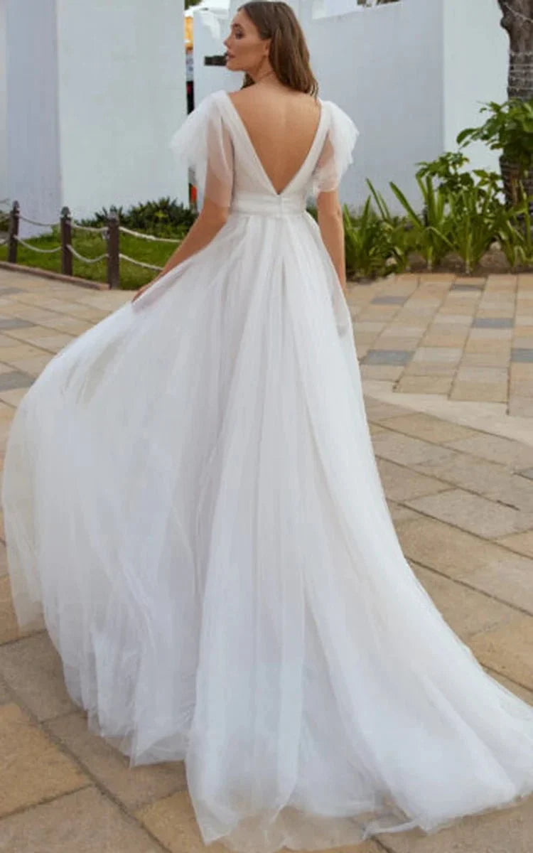 Casual Beach A Line Tulle Wedding Dress With V neck And Low V Back