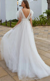 Casual Beach A Line Tulle Wedding Dress With V neck And Low V Back