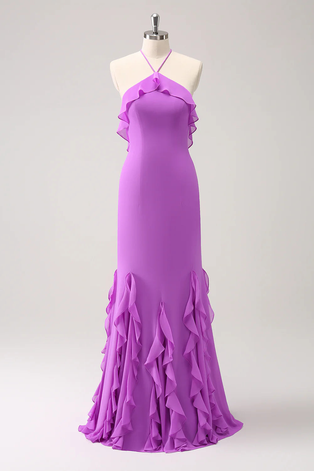 Tahiti Mermaid Halter Backless Ruffle Chiffon Long Bridesmaid Dress