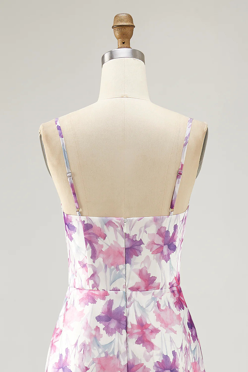 Purple Flower A Line Spaghetti Straps Front Knot Print Maxi Dress with Slit