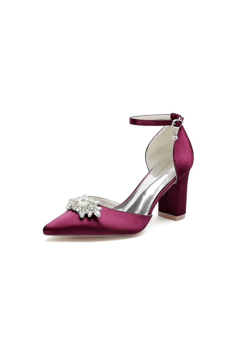 Pointed Toe Ankle Strap Chunky Heel With Rhinestone
