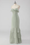 Dusty Sage Sheath Spaghetti Straps Pleated Long Bridesmaid Dress with Lace Up Back