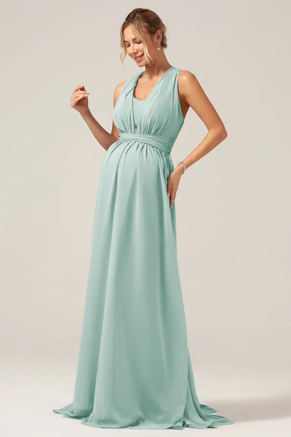A Line Chiffon Convertible Dusty Blue Long Maternity Bridesmaid Dress