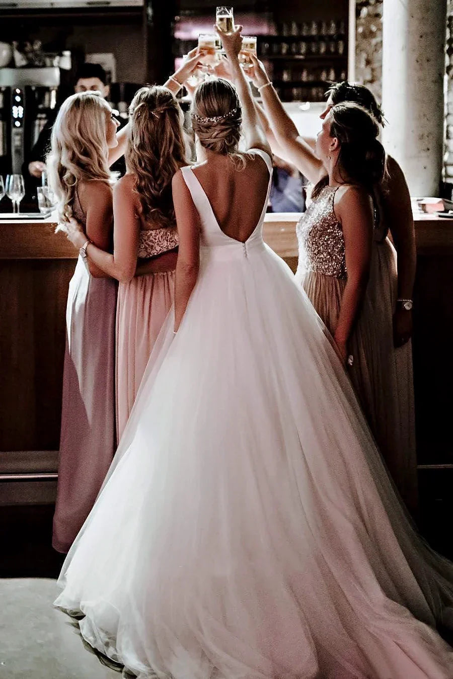 Sleeveless Deep V back Ethereal Ballgown With Bow And Tulle Wedding Dress