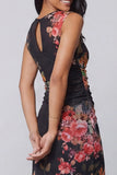 Black Floral Bateau Neck Ruched Midi Wedding Guest Dress