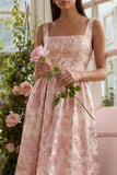 Blush Floral A Line Square Neck Brocade Midi Wedding Guest Dress