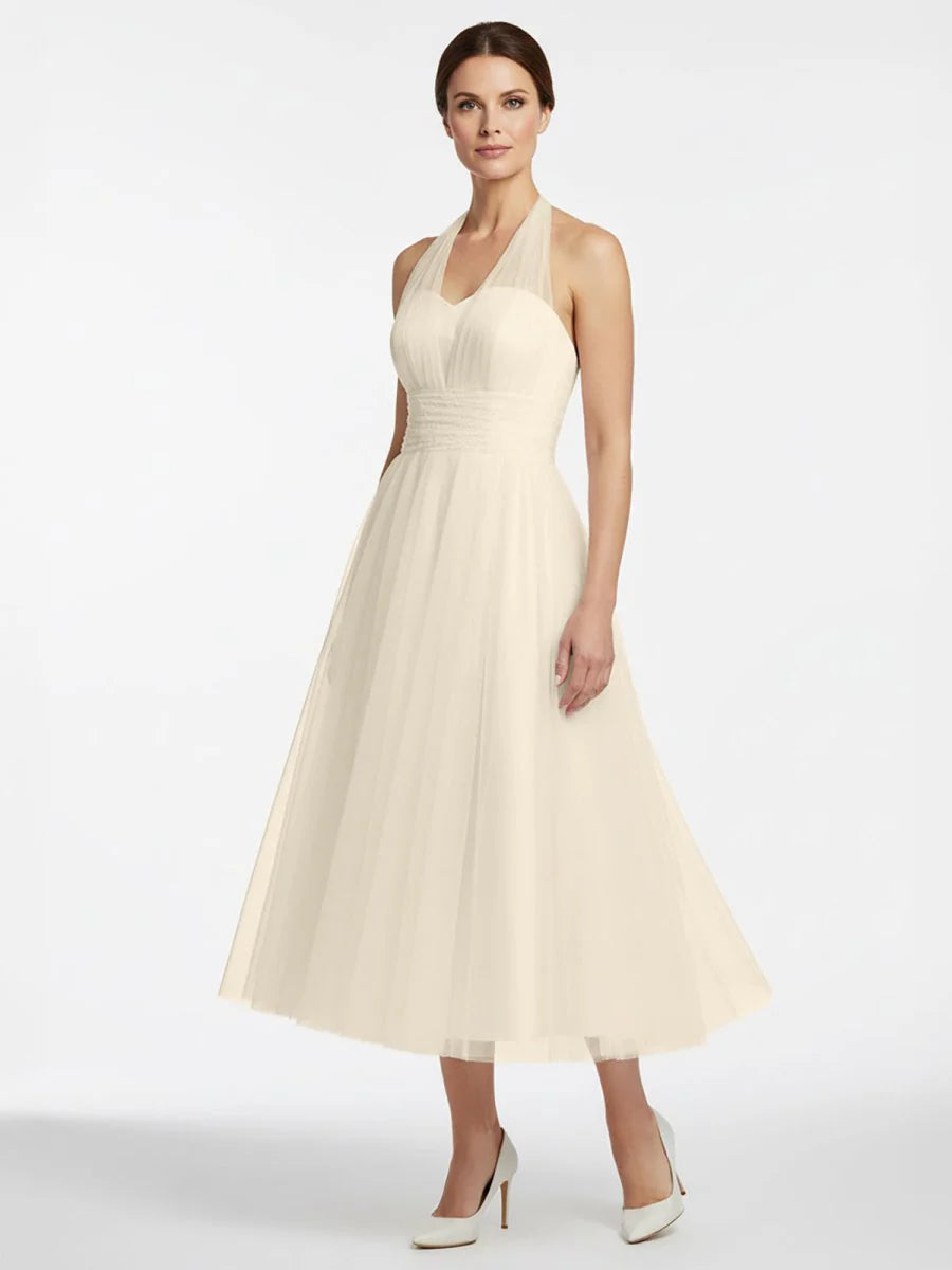 Halter A Line Tea Length Tulle Wedding Dress With Ruching
