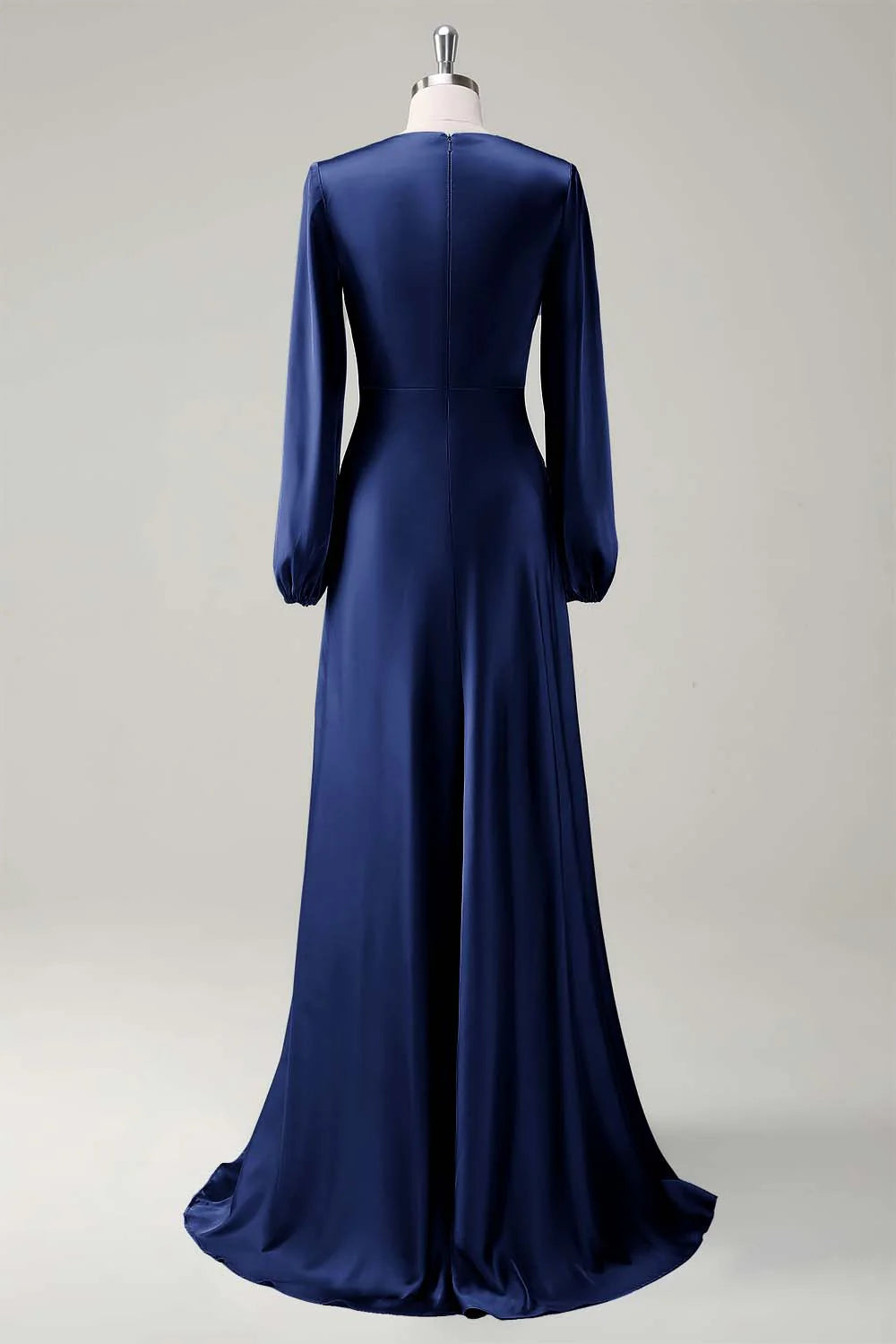 Agave A Line Round Neck Satin Long Bridesmaid Dress with Long Sleeves